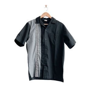 Hilton Bowling Retro Mens Button Down Shirt Short Sleeve Black Gray Stripe Small